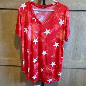(J51) Womans Sz XL, HEIMISH USA Red Star Print V-Neck Tee